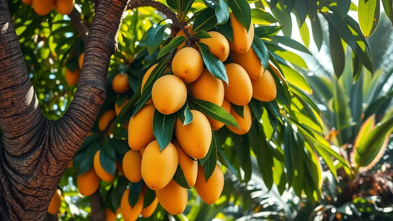 Pé de manga carregado de frutos maduros.