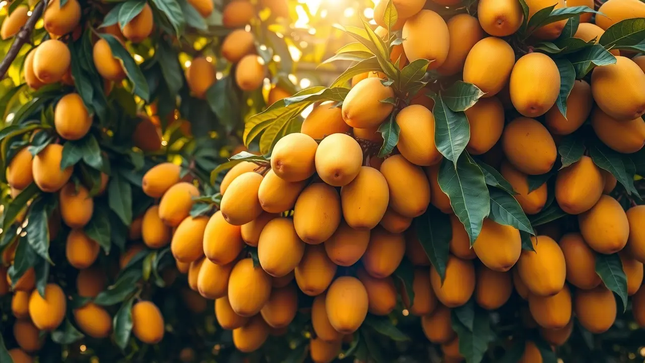 Mangueira cheia de mangas maduras.