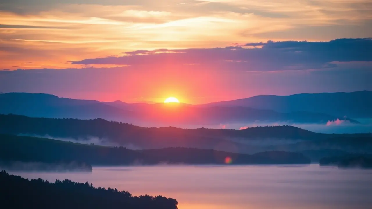 O que significa sonhar com manhã? Descubra a interpretação! Amanhecer com luz dourada sobre o lago.