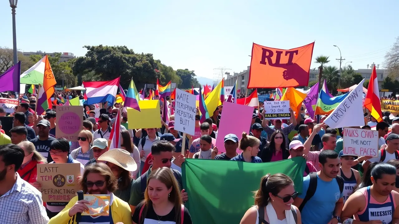Multidão diversificada em manifestação pacífica
