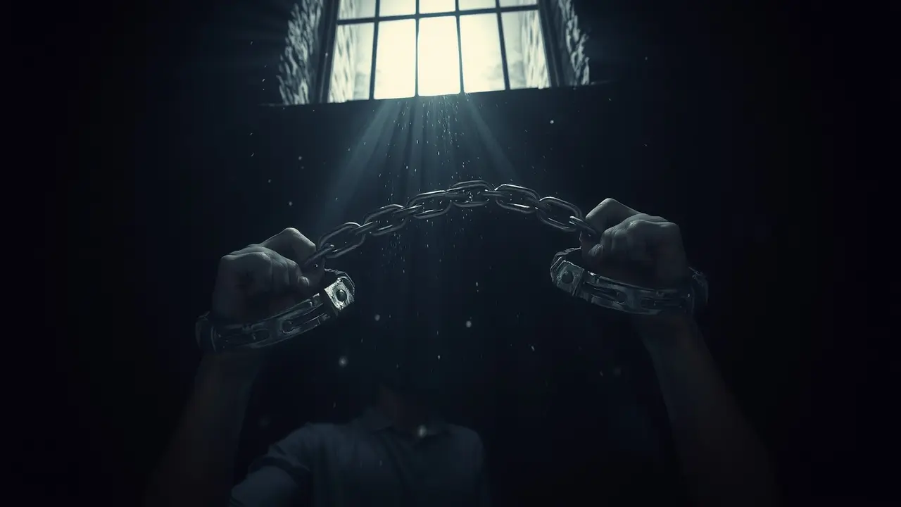Homem com manilhas em uma cela escura.