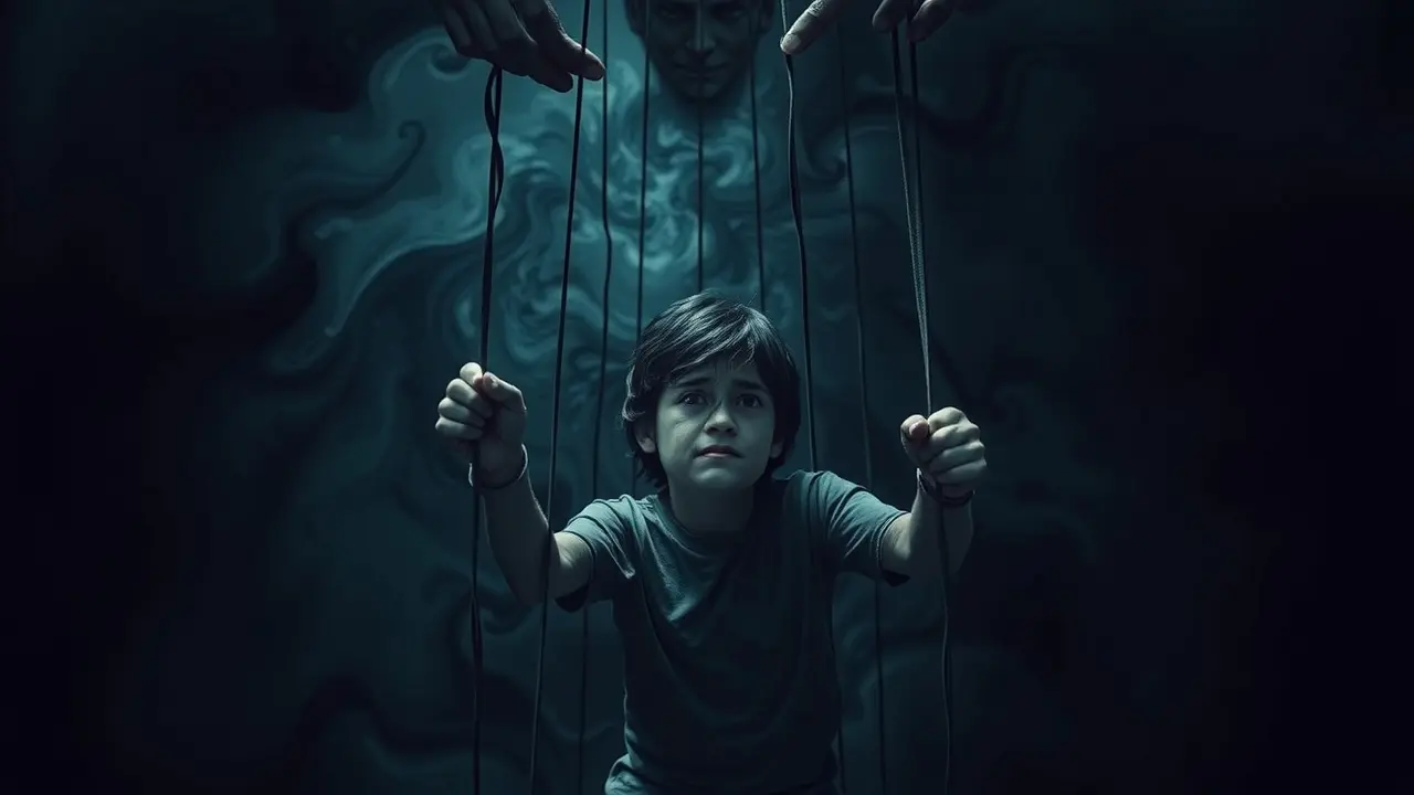 Pessoa sendo controlada como um fantoche, simbolizando manipulação.