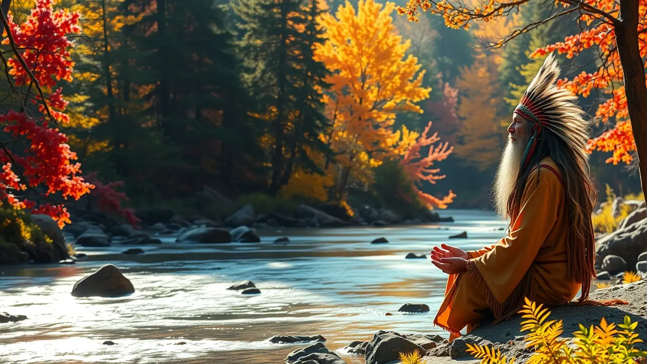 Xamã meditando à beira do rio, em floresta colorida.