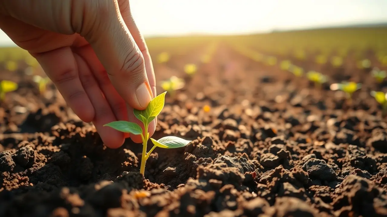 Mão plantando maniva em solo fértil