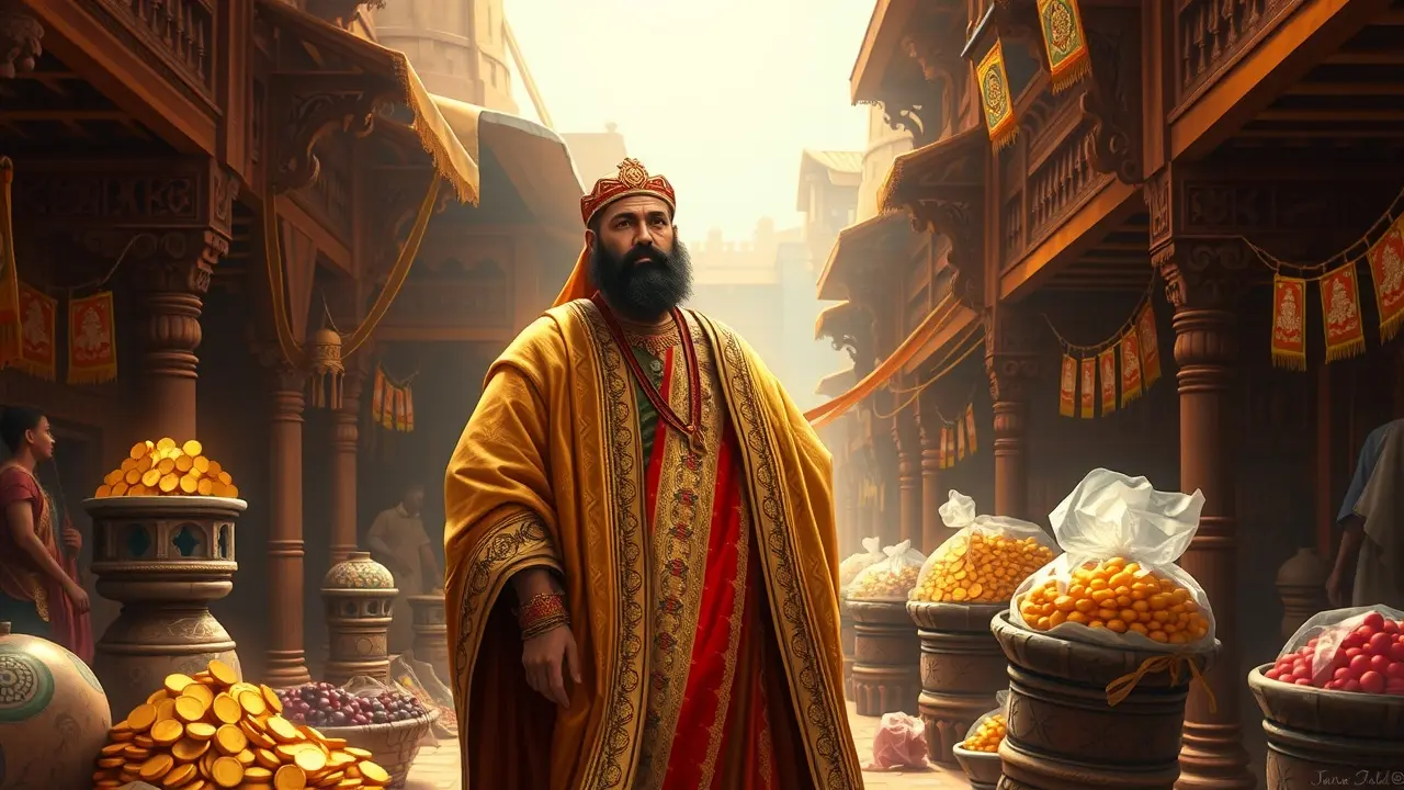 Mansa Musa ricamente vestido em mercado de Timbuktu