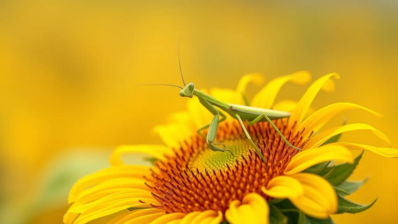 Louva-a-deus verde em girassol