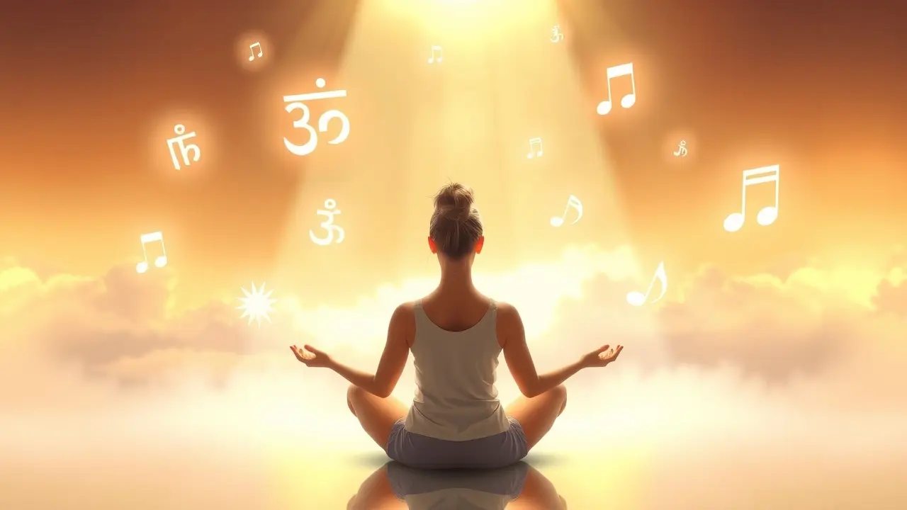Mulher meditando com mantra luminoso