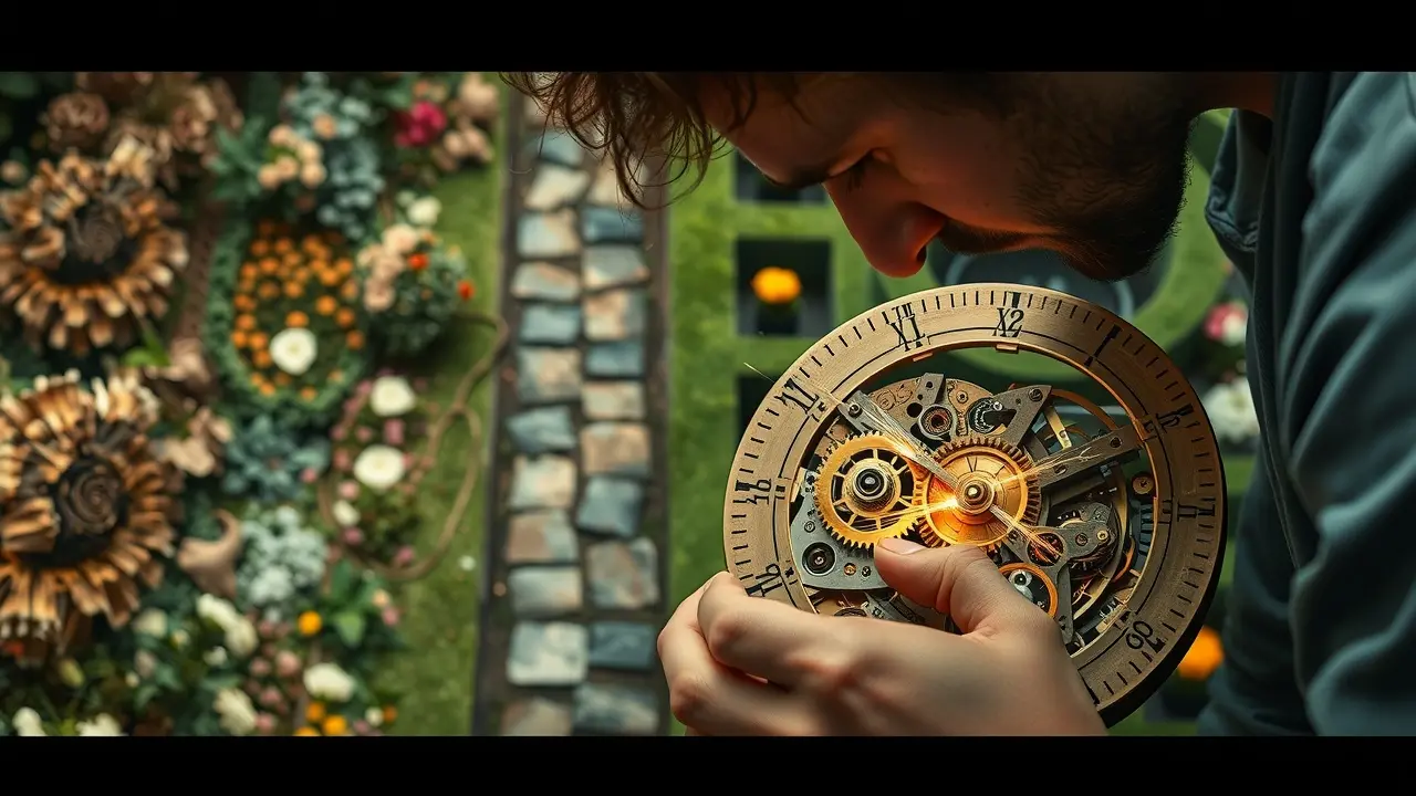 Sonhar com Manutenção: Descubra o Significado e as Implicações Homem consertando mecanismo de relógio complexo em jardim transformador