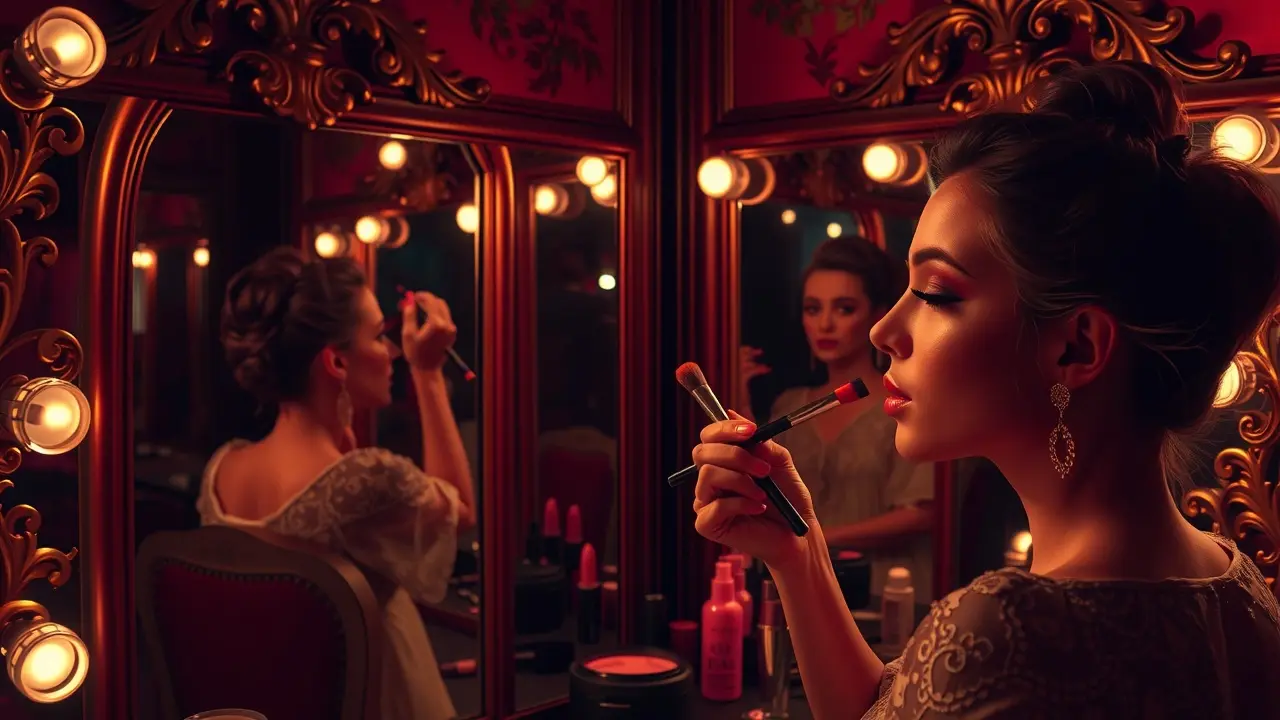 Significado de Sonhar com Maquiagem: Descubra os Segredos! Mulher aplicando maquiagem colorida em camarim vintage.
