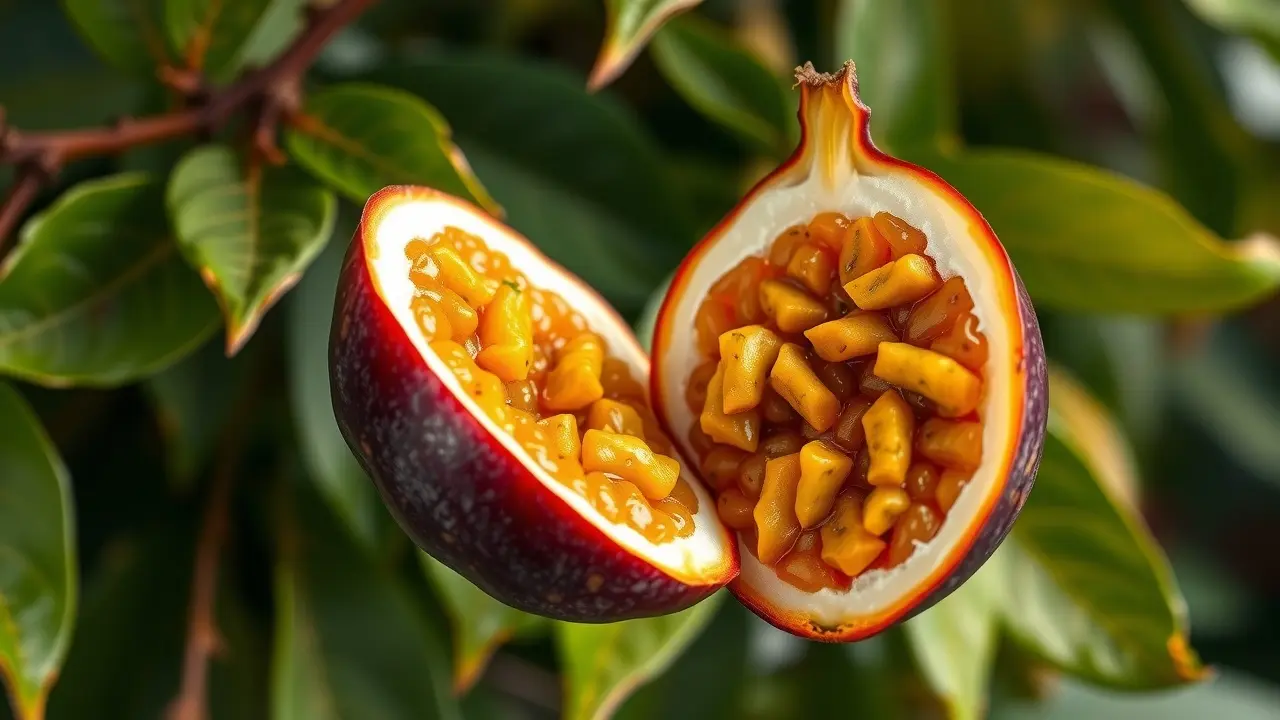 Maracujá cortado ao meio com polpa suculenta