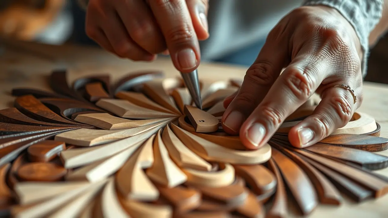 Mãos trabalhando em marchetaria detalhada