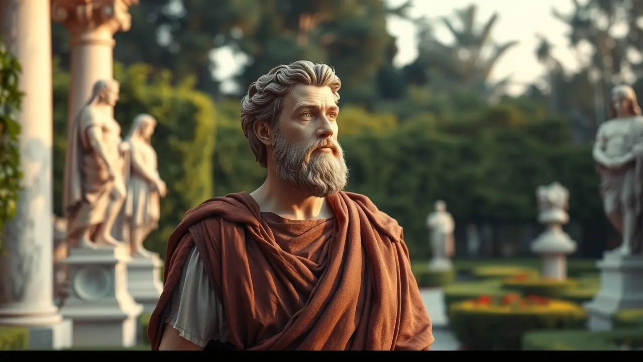 Homem vestido como imperador romano em jardim sereno