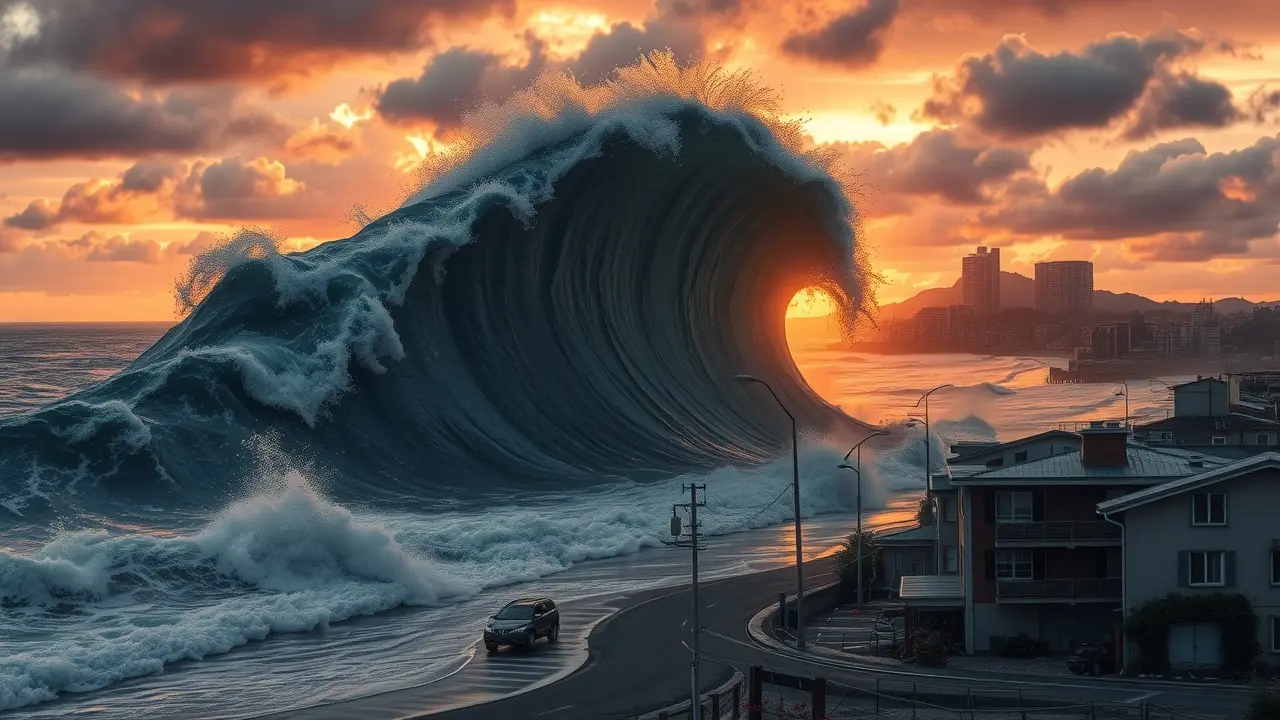 Tsunami devastando cidade costeira