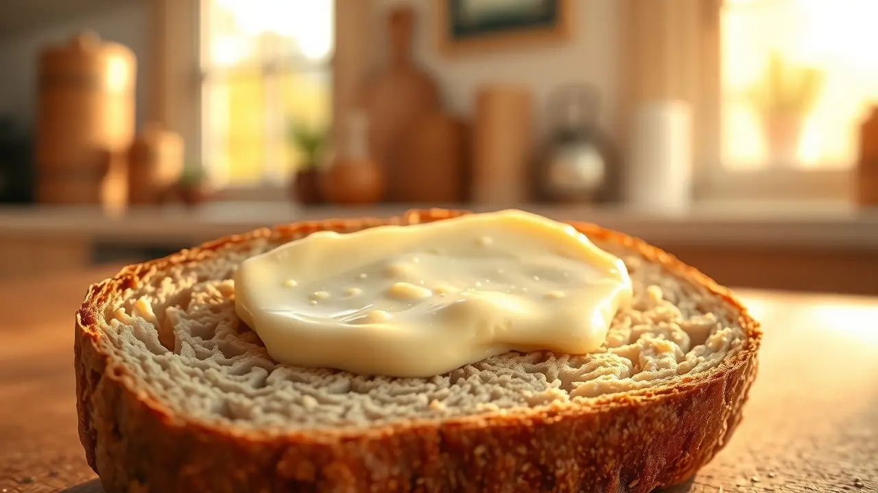 Margarina em pão integral, luz suave.