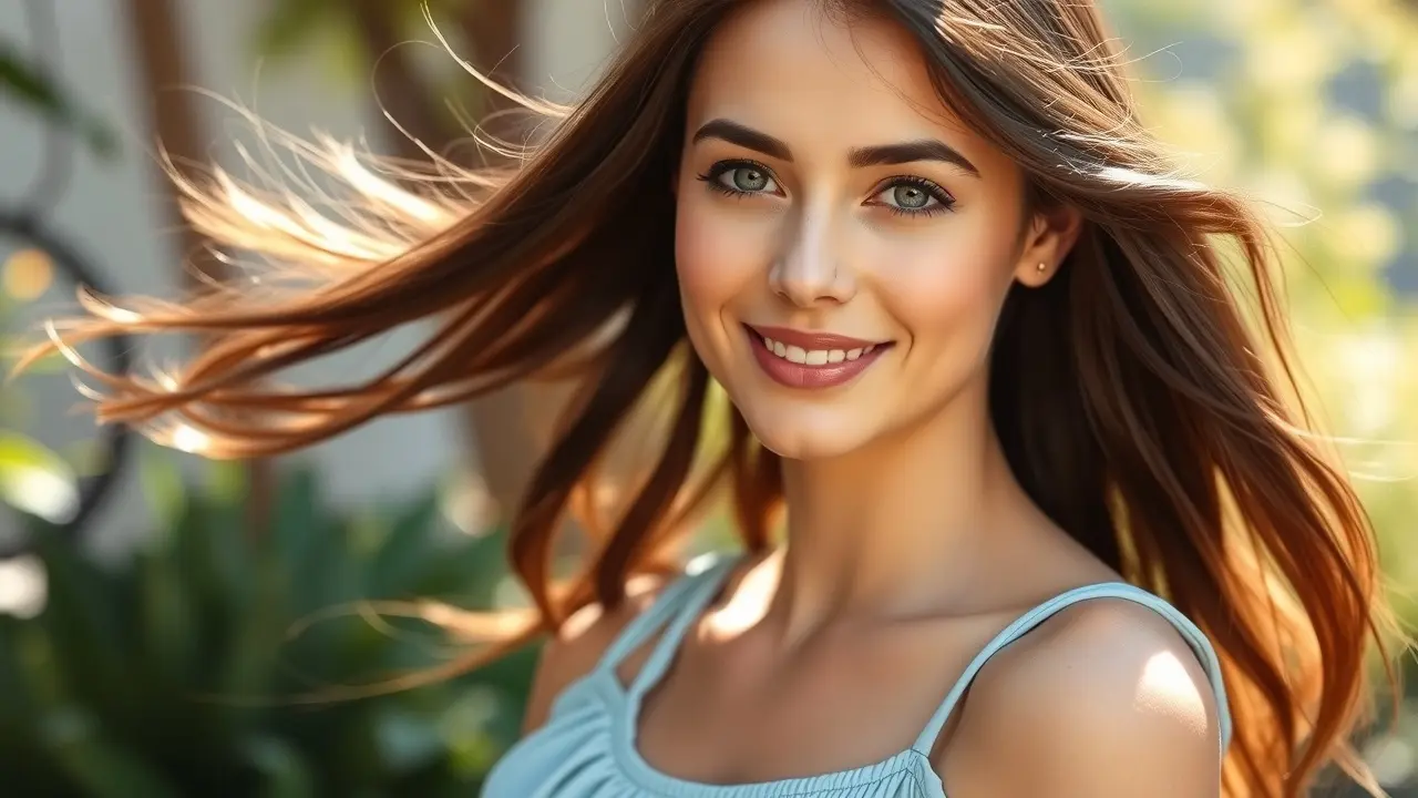 Mulher sorrindo em jardim ensolarado