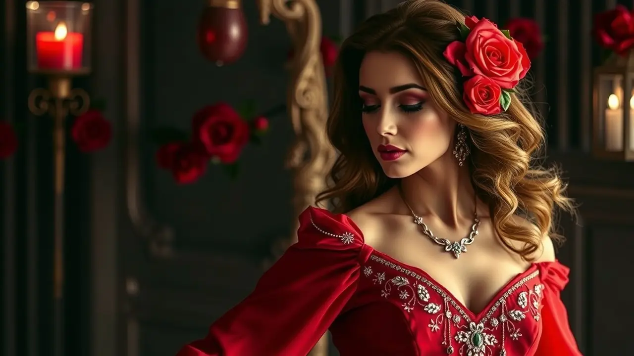 Mulher de vermelho em atmosfera mística