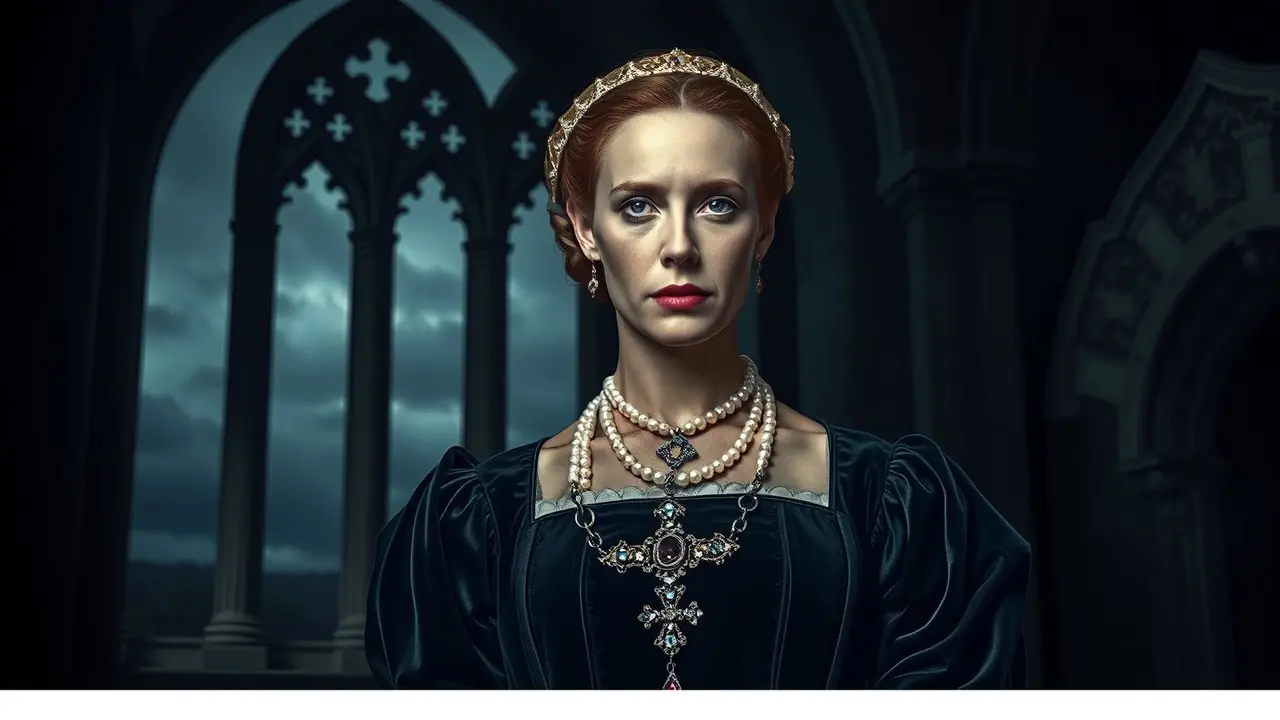 Significado de Sonhar com Maria Stuart: Interpretações e Simbolismos Mulher vestida como Maria Stuart em castelo.