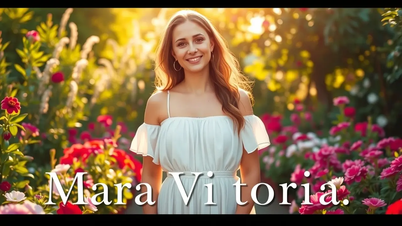 Mulher sorrindo em jardim florido, representando Maria Vitória