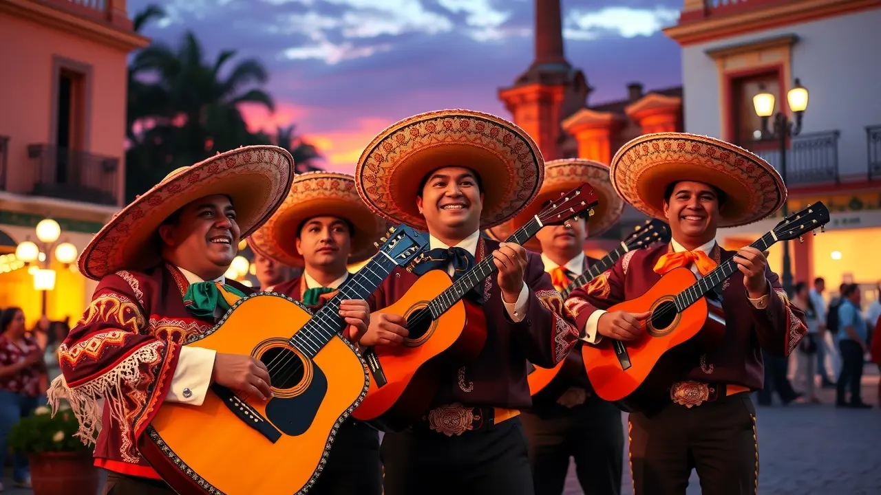 Mariachis tocando em praça ao entardecer