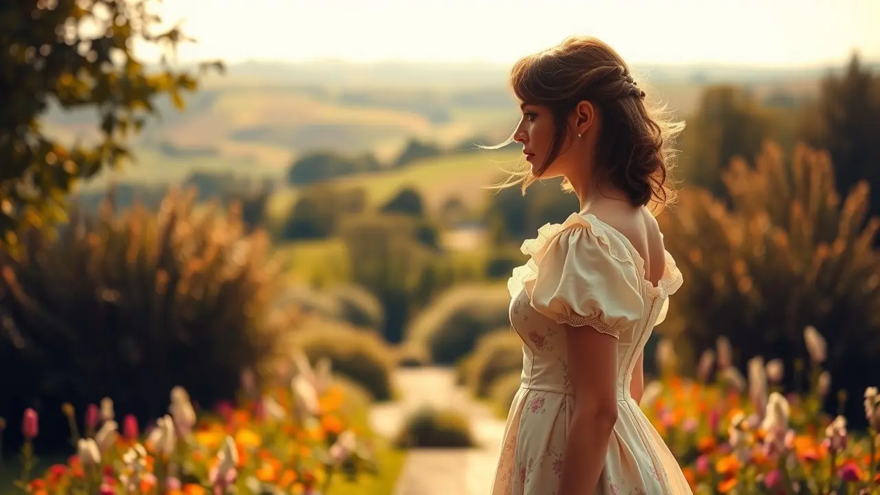 Mulher sonhadora em jardim (Marianne Dashwood)