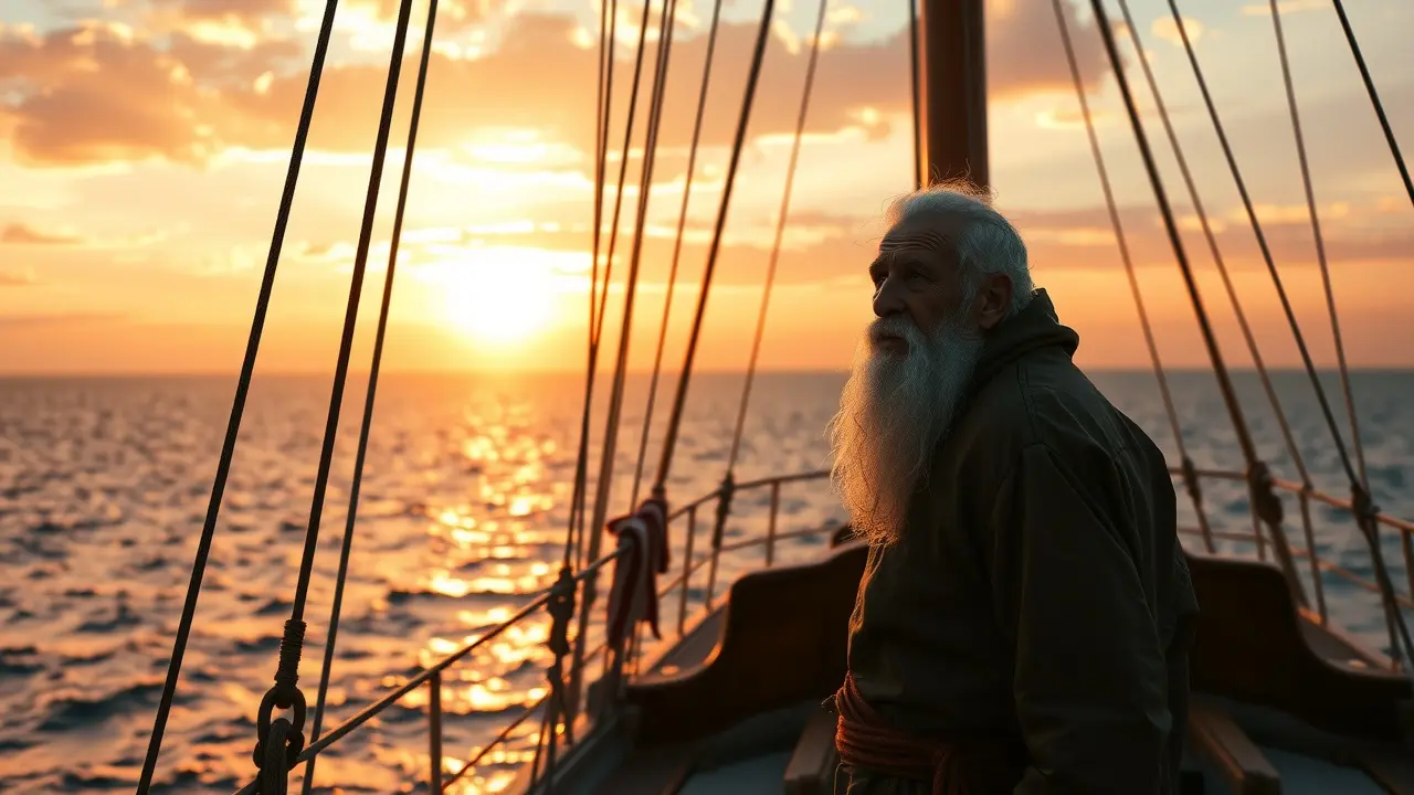 Velho marinheiro contemplando o oceano ao amanhecer.