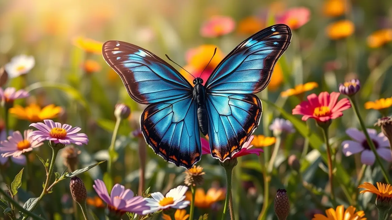 Mariposa pousada em flor, asas azuis vibrantes.