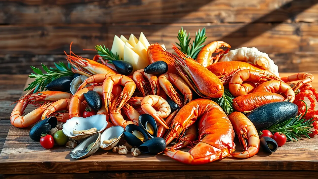 Significado de Sonhar com Maris: Desvende os Mistérios! Diversos mariscos frescos sobre mesa de madeira.