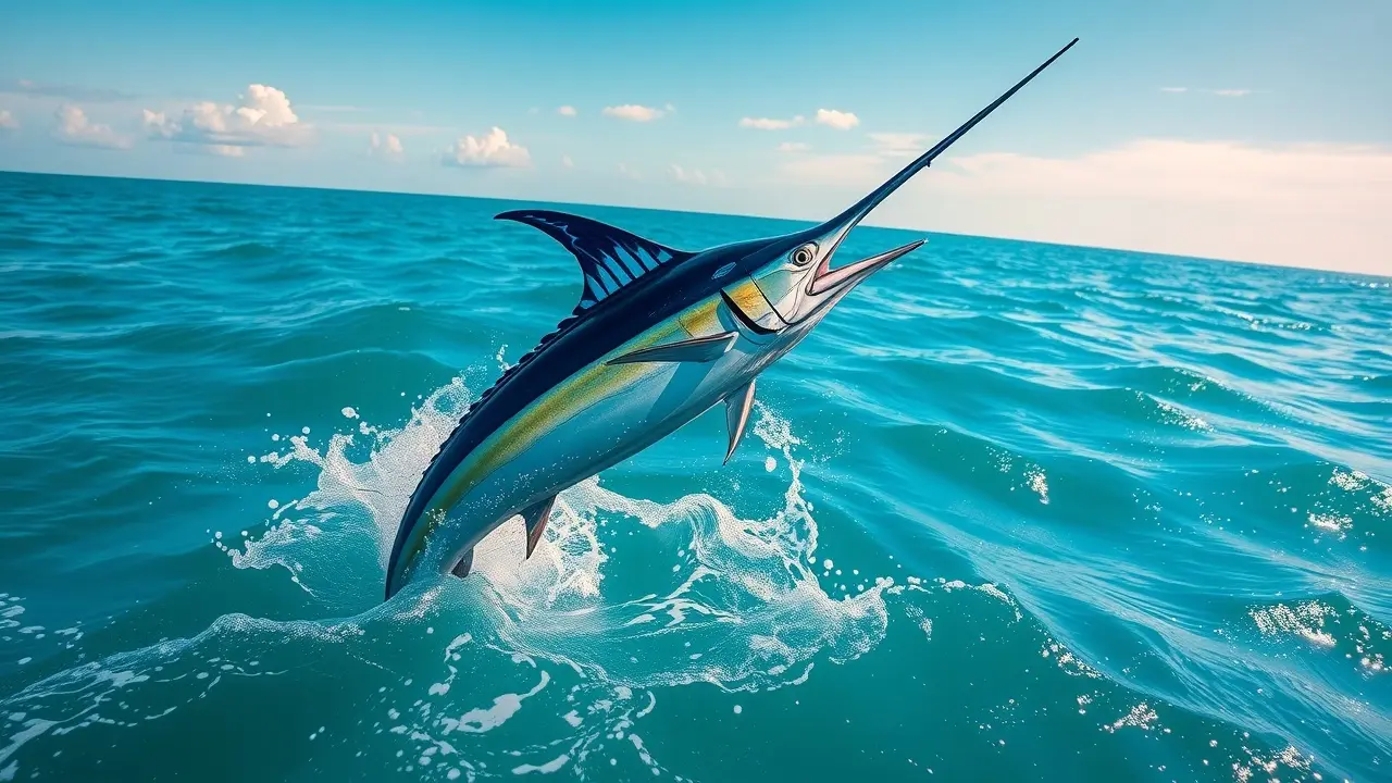 Marlin-azul saltando para fora d'água