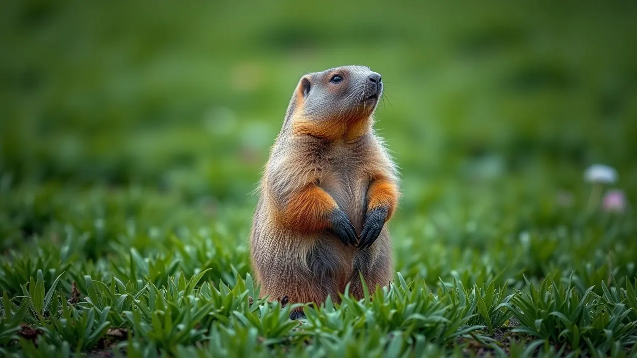 Sonhar com Marmota: Descubra o Significado e as Mensagens Ocultas Marmota observando cautelosamente em um campo verde.