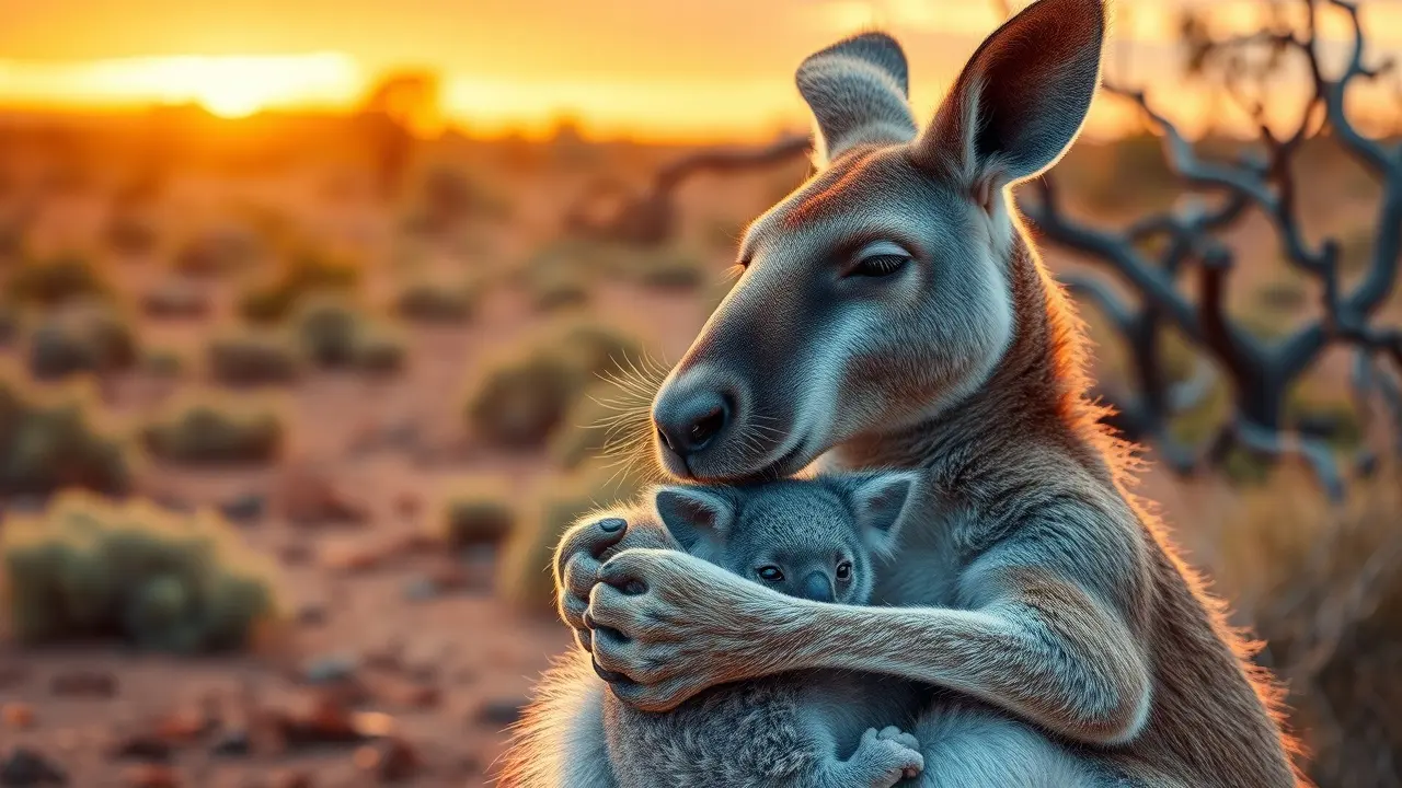 Canguru segurando coala filhote na bolsa
