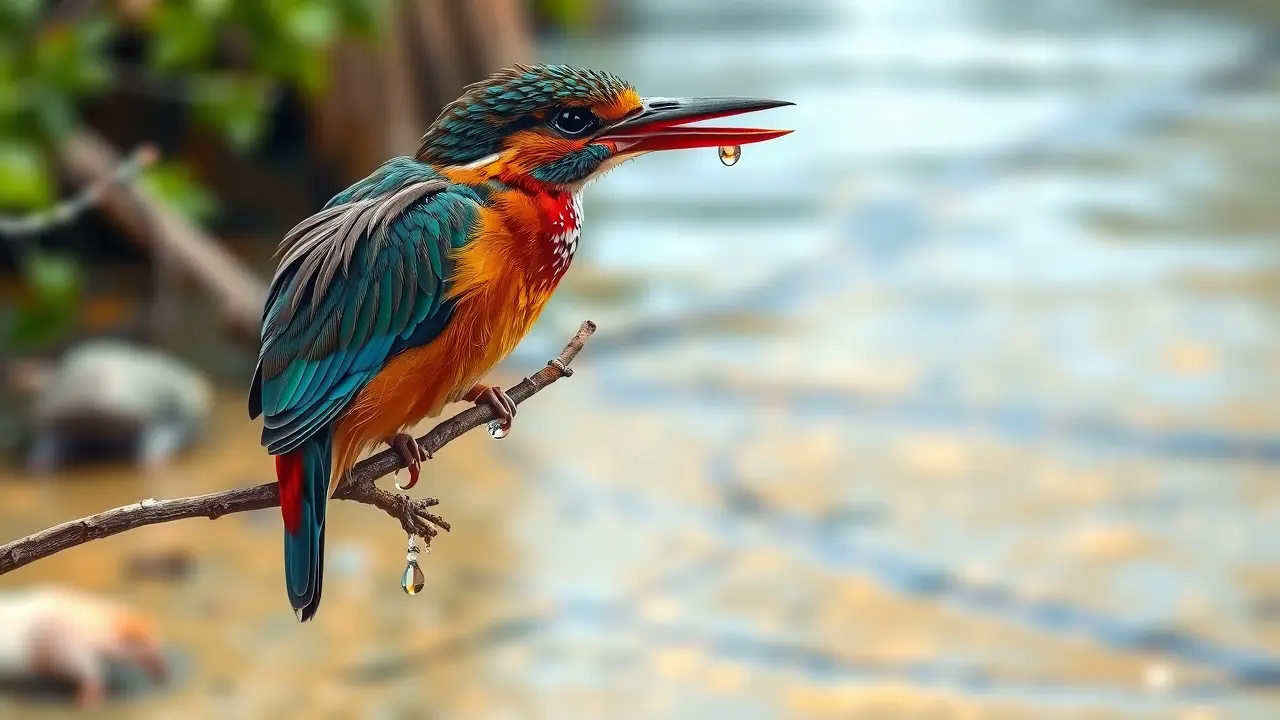 Martim-pescador pousado em galho sobre rio cristalino.