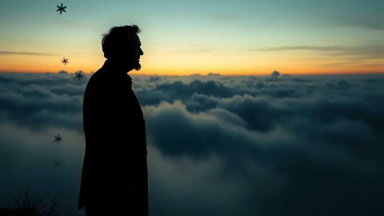 Significado de Sonhar com Martin Heidegger: Uma Jornada Filosófica no Inconsciente Homem contemplando horizonte nebuloso, alusão a Heidegger