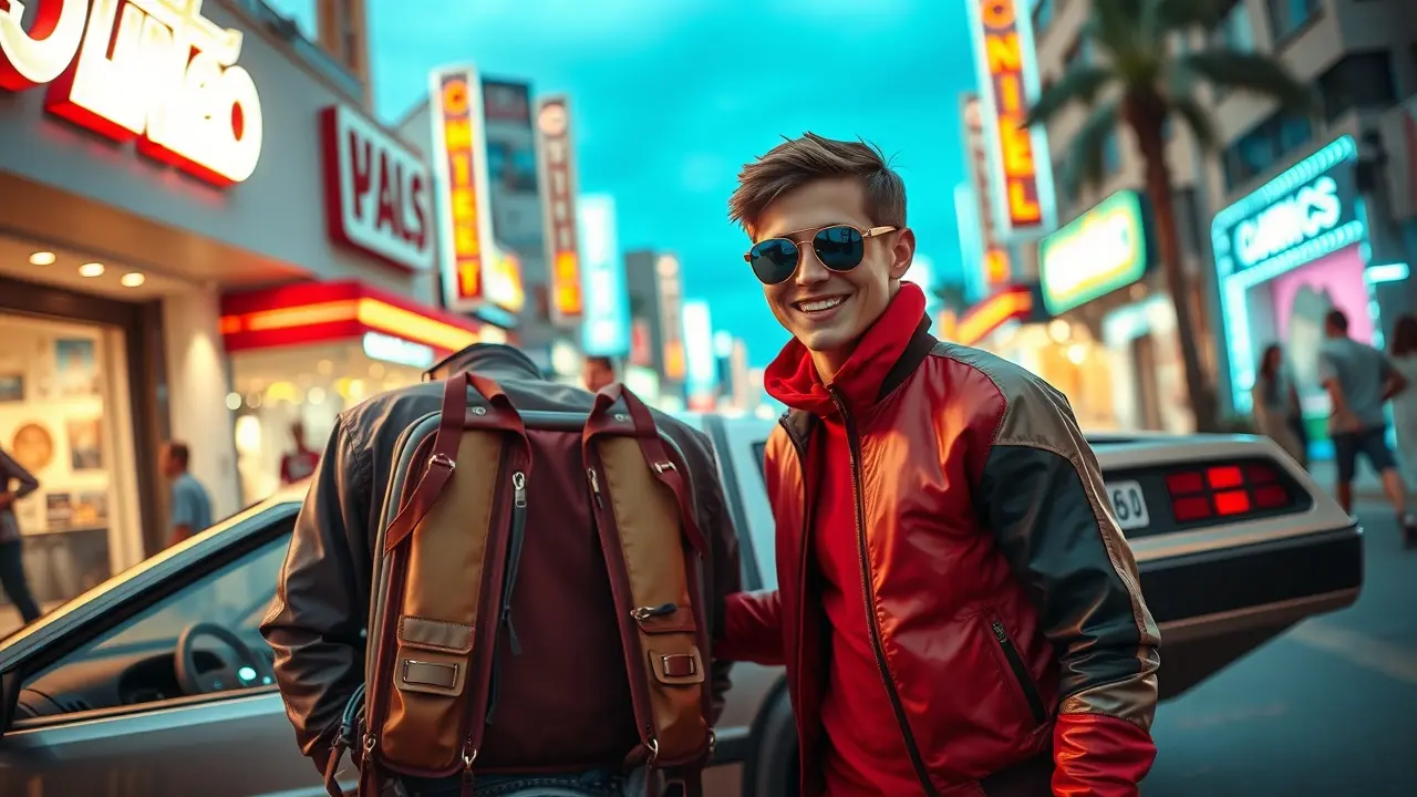 Homem fantasiado de Marty McFly ao lado de um DeLorean.