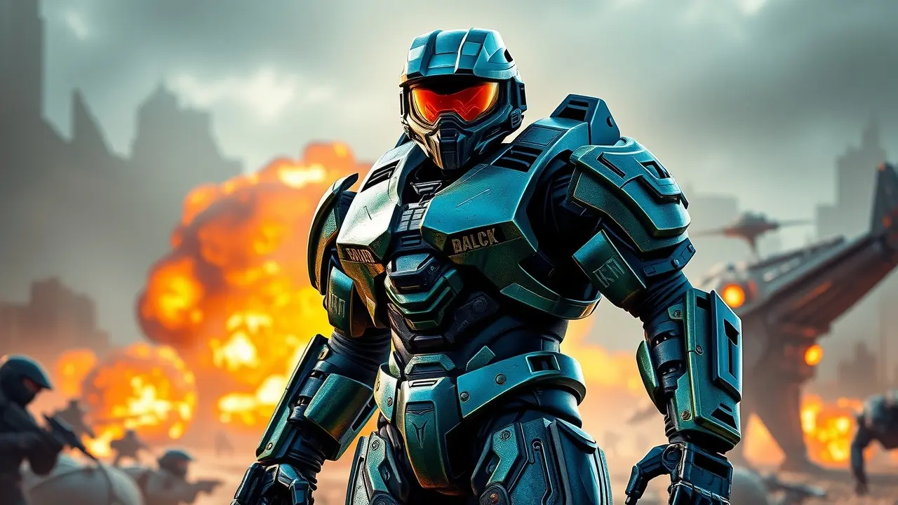 Master Chief em campo de batalha futurista.