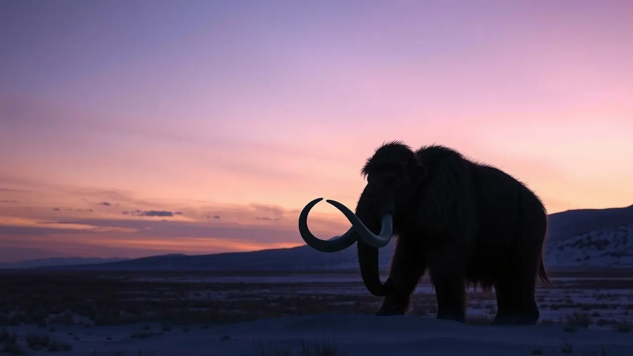 Mastodonte imponente em paisagem nevada ao pôr do sol