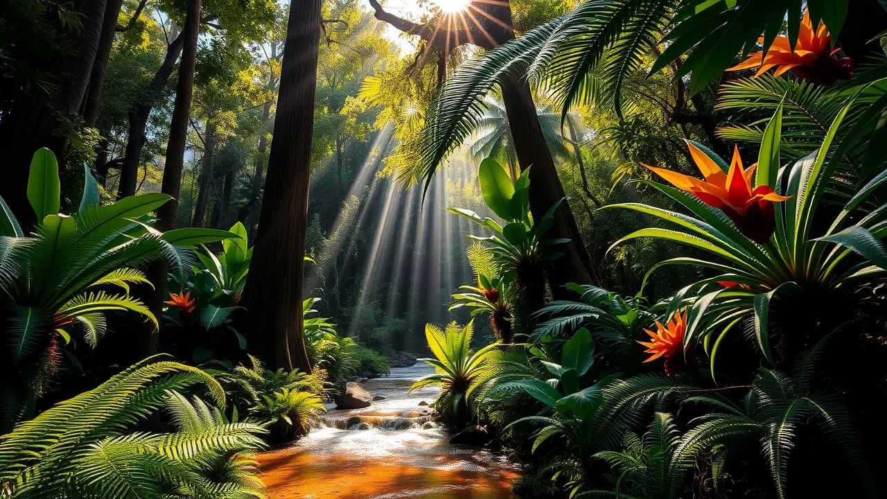 Mata Atlântica exuberante com riacho e sol.