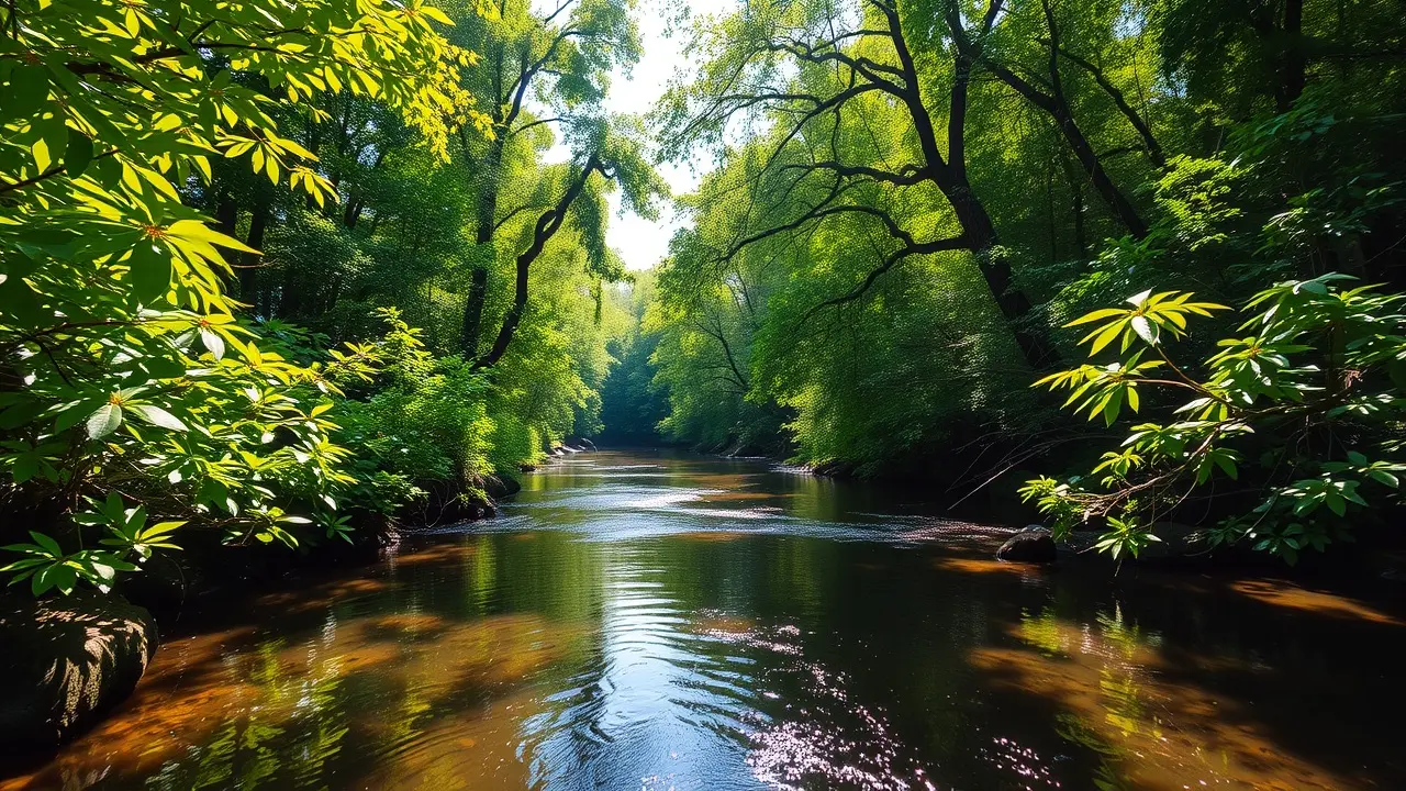 Mata ciliar exuberante refletida em rio.