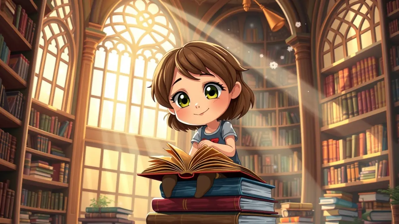 Menina inteligente lendo livro em biblioteca mágica