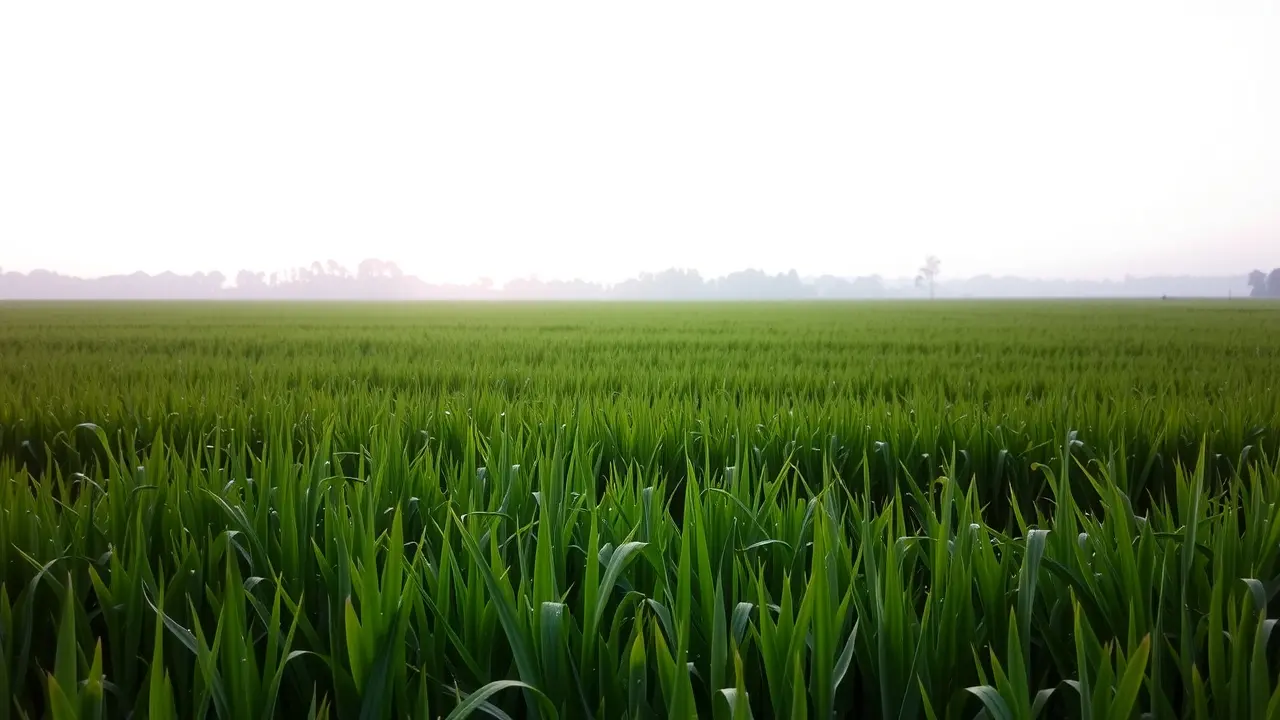 Campo de mato verde com orvalho.