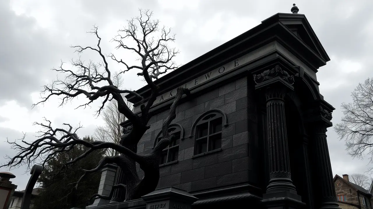 Mausoléu gótico sob céu nublado, ambiente sombrio