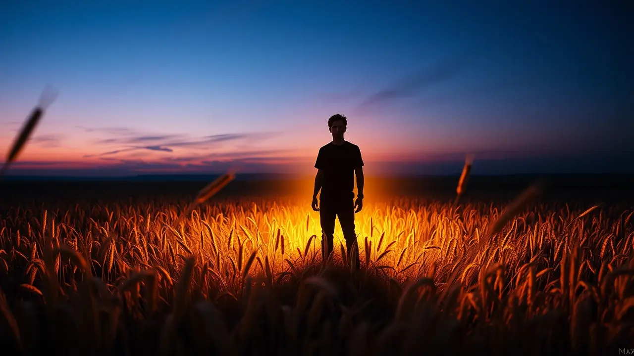 Sonho com Max: campo de trigo sob céu crepuscular