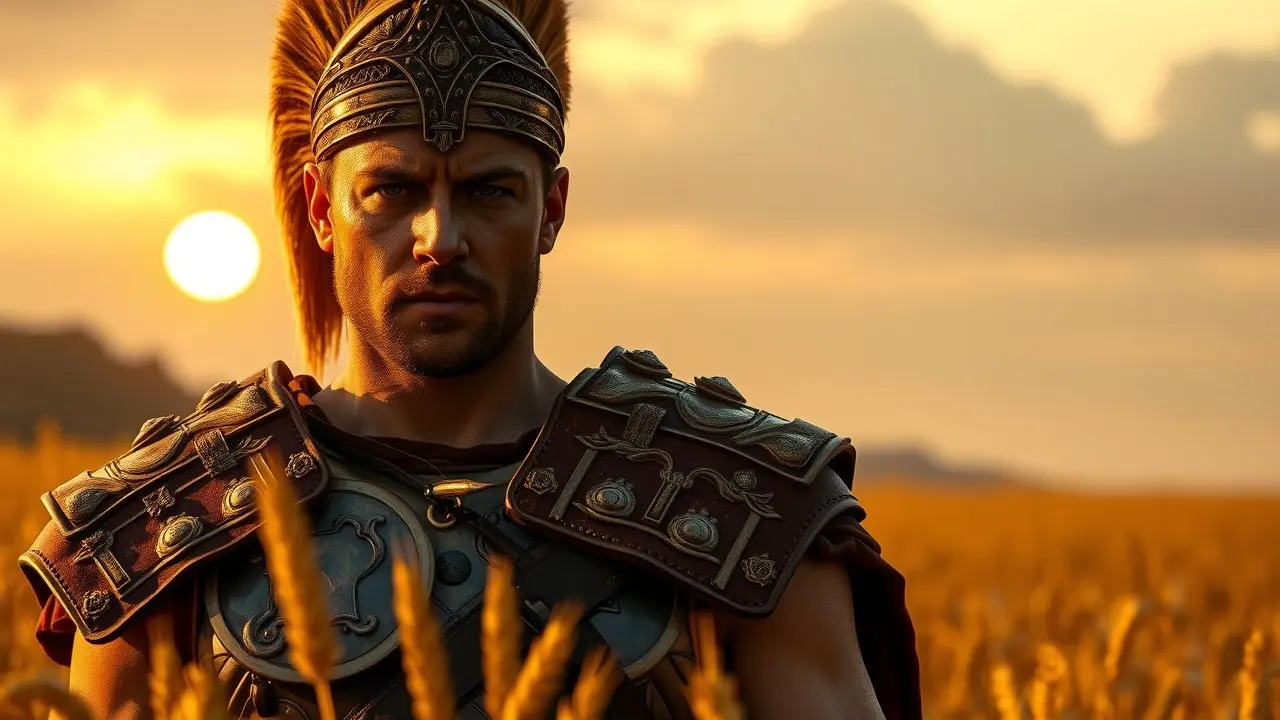 Maximus Decimus em campo de trigo, sonho de força e resiliência.
