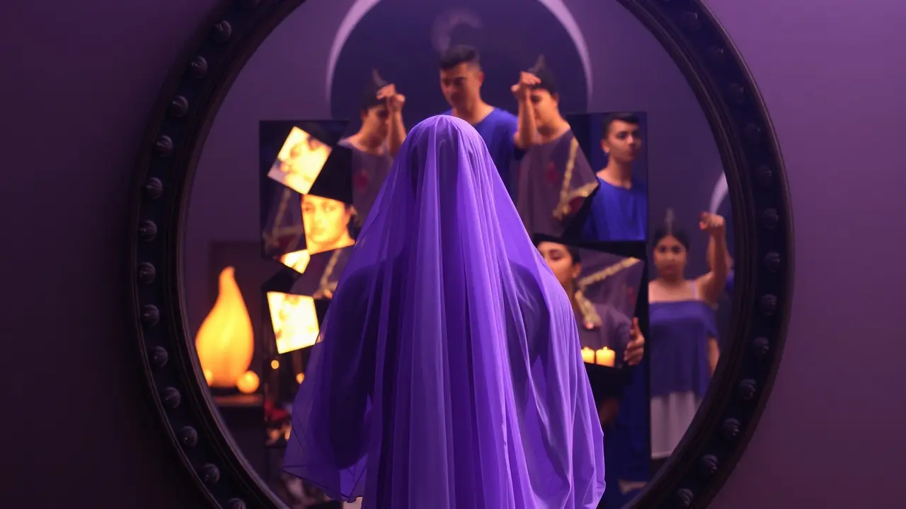 Significado de Sonhar com Maya: Desvende os Mistérios do Seu Inconsciente Mulher envolta em véus diante de um espelho distorcido, simbolizando ilusão.