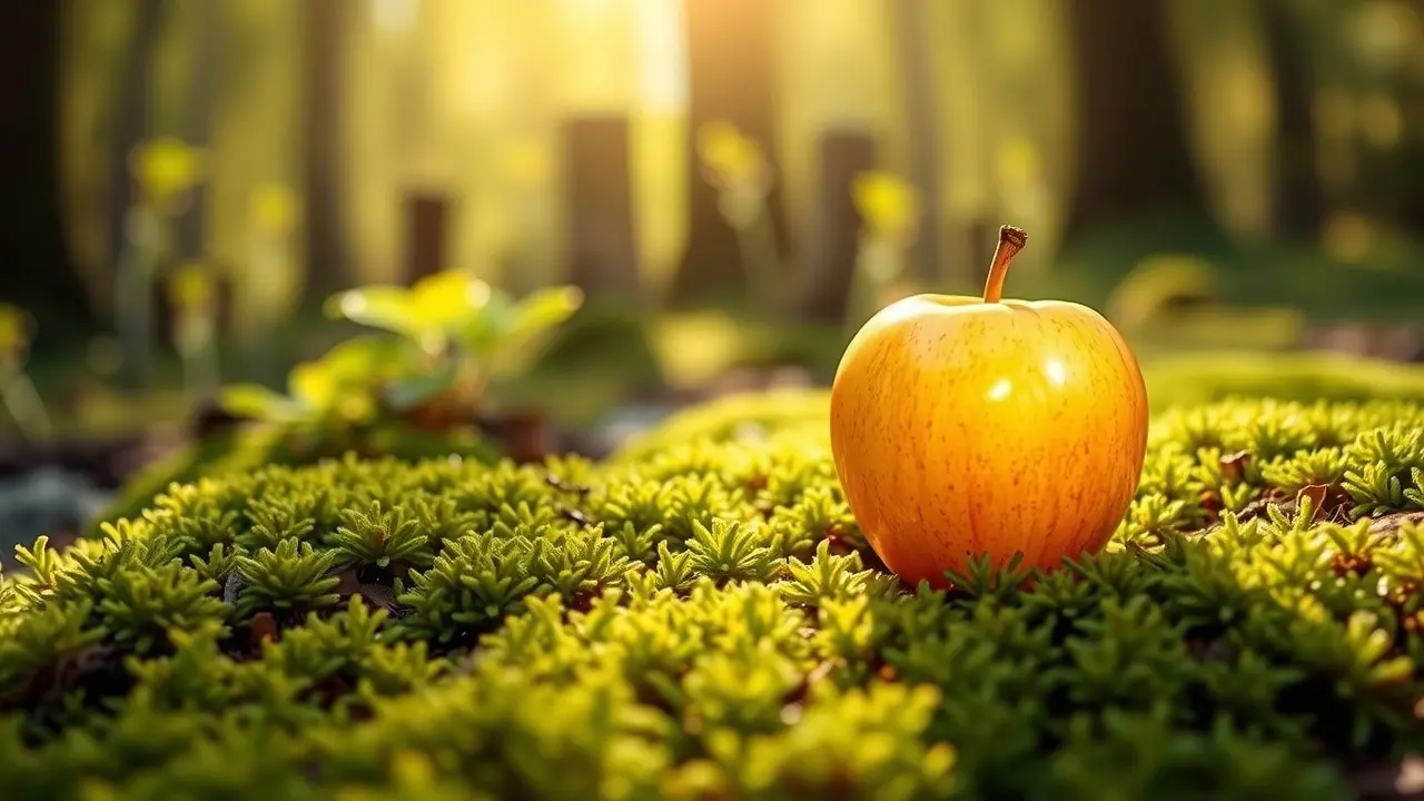 Maçã dourada brilhante sobre musgo verde.