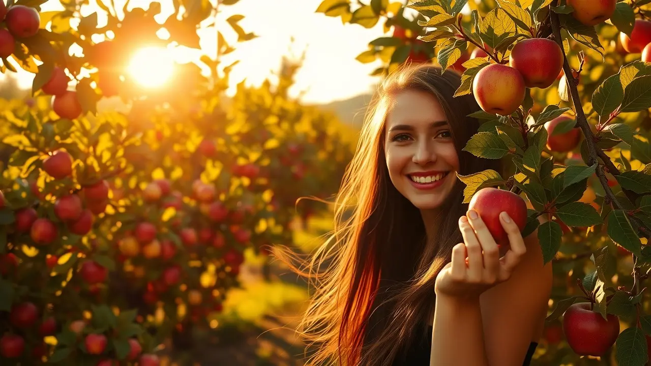 Pomar de macieiras repleto de frutos maduros e uma jovem colhendo maçãs.