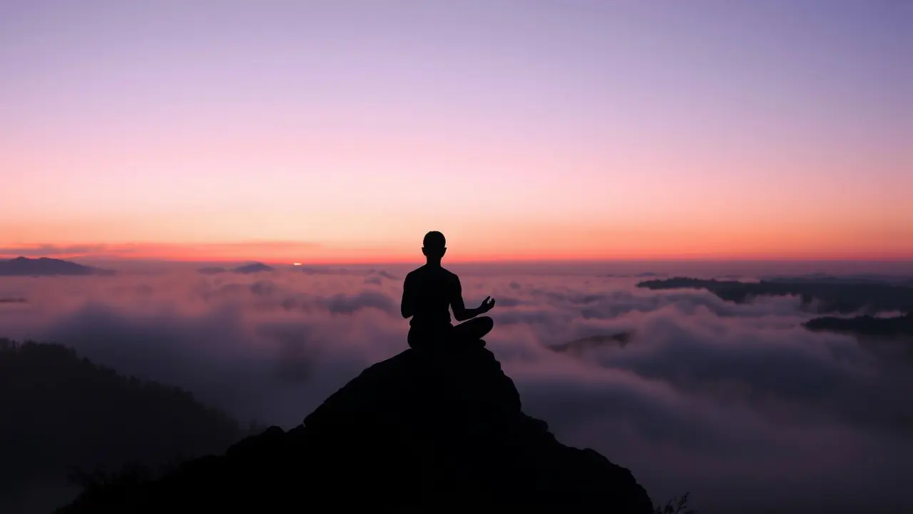 Silhueta meditando ao amanhecer.