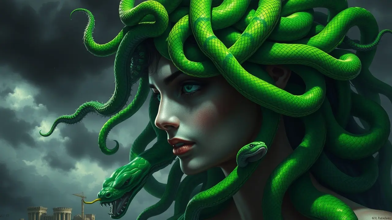 Medusa com cobras no cabelo, expressão facial sombria.