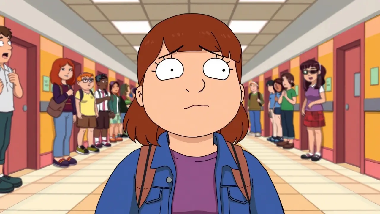 Meg Griffin triste em um corredor de escola