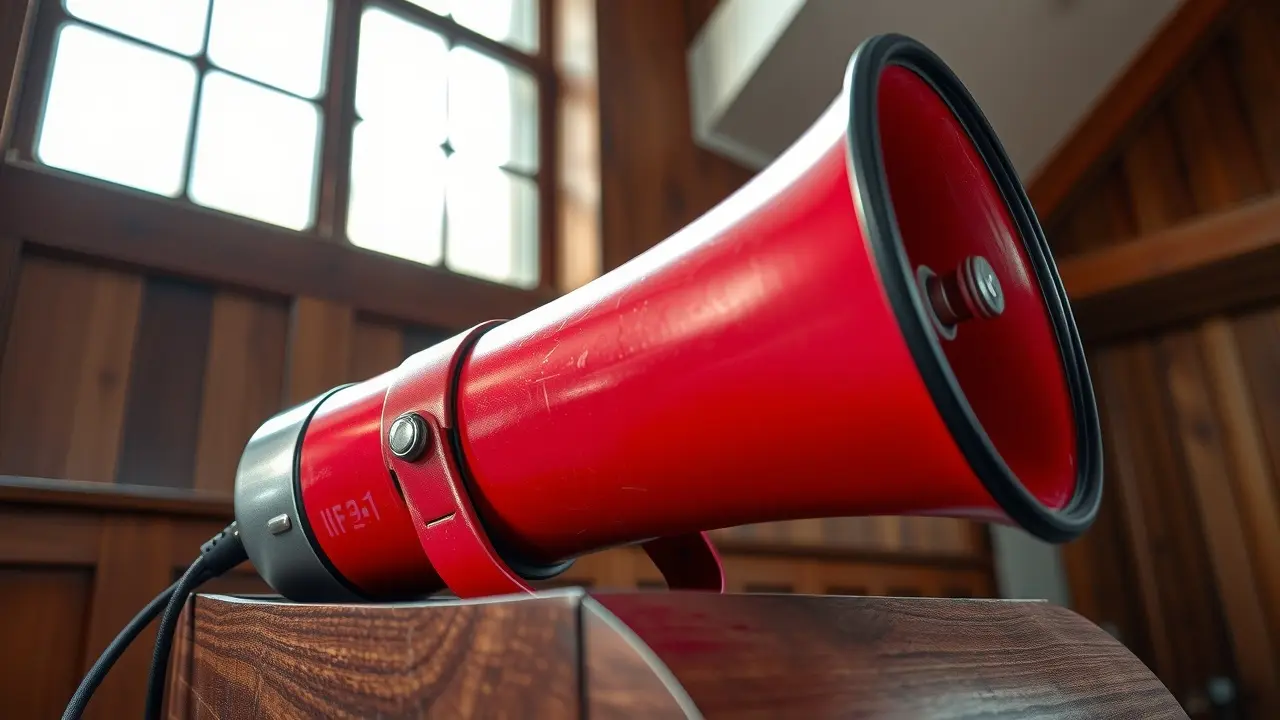 O Significado Profundo de Sonhar com Megafone Megafone vermelho sobre um pódio de madeira - Sonhar com megafone