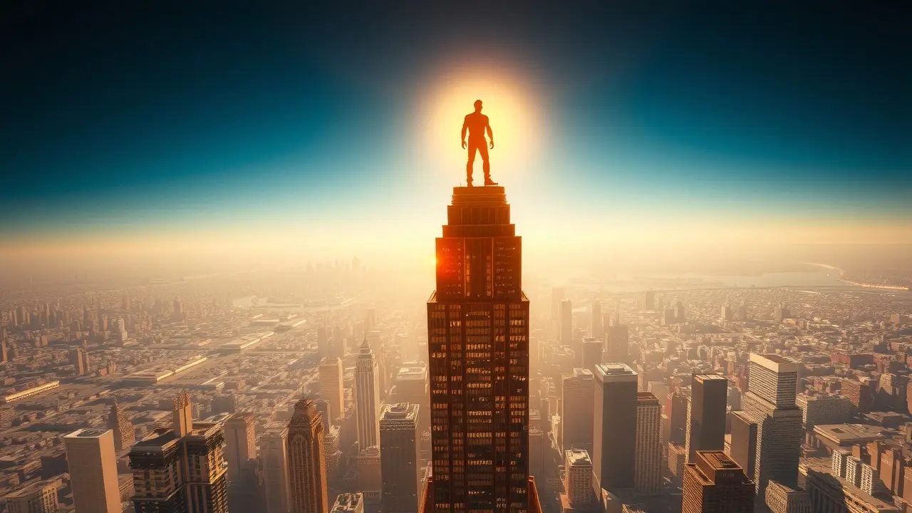 Sonhar com Megalomania: Desvende os Significados! Pessoa com aura dourada no topo de um arranha-céu, representando megalomania